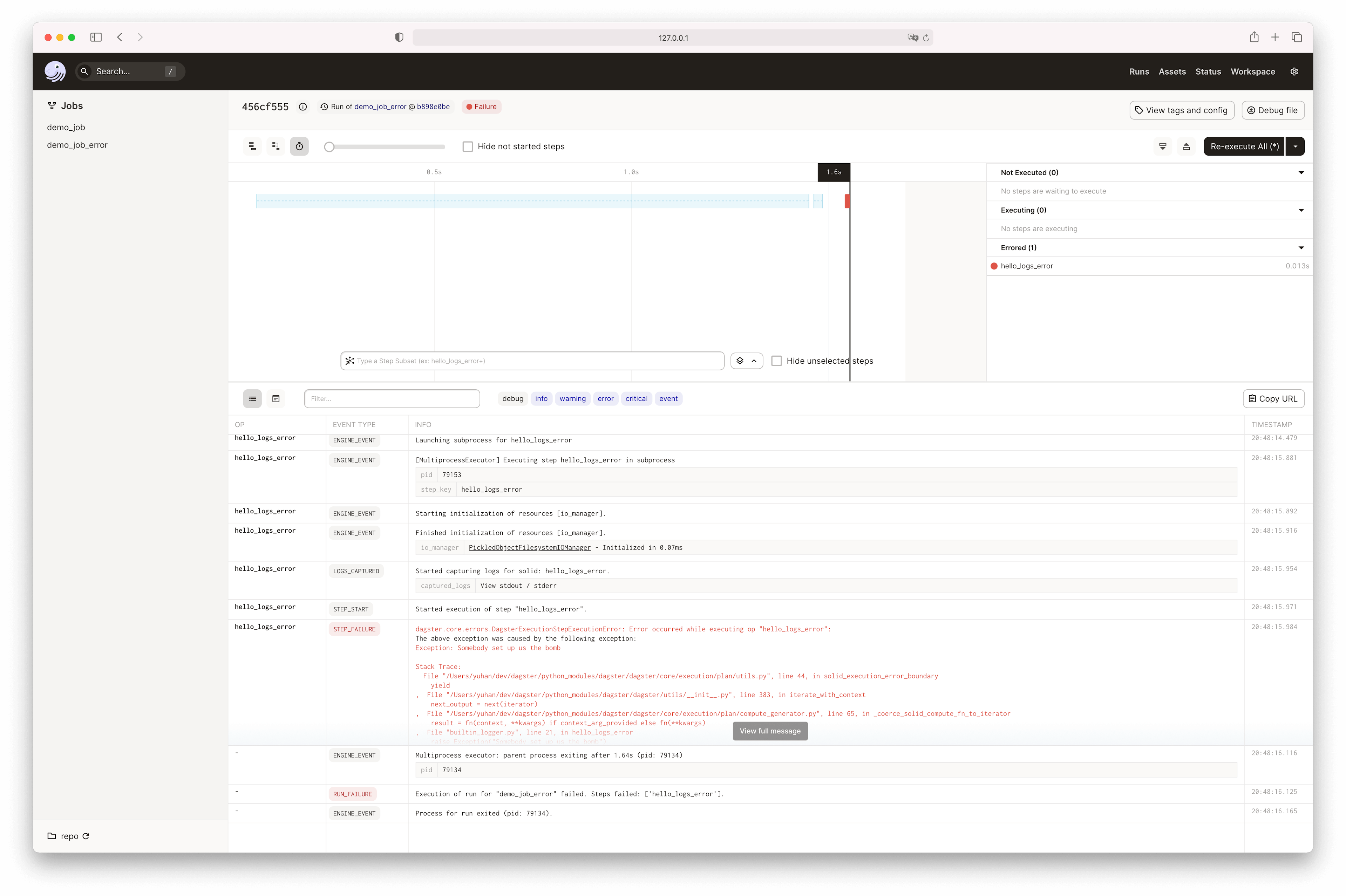 ERROR level in logs in the Dagster UI