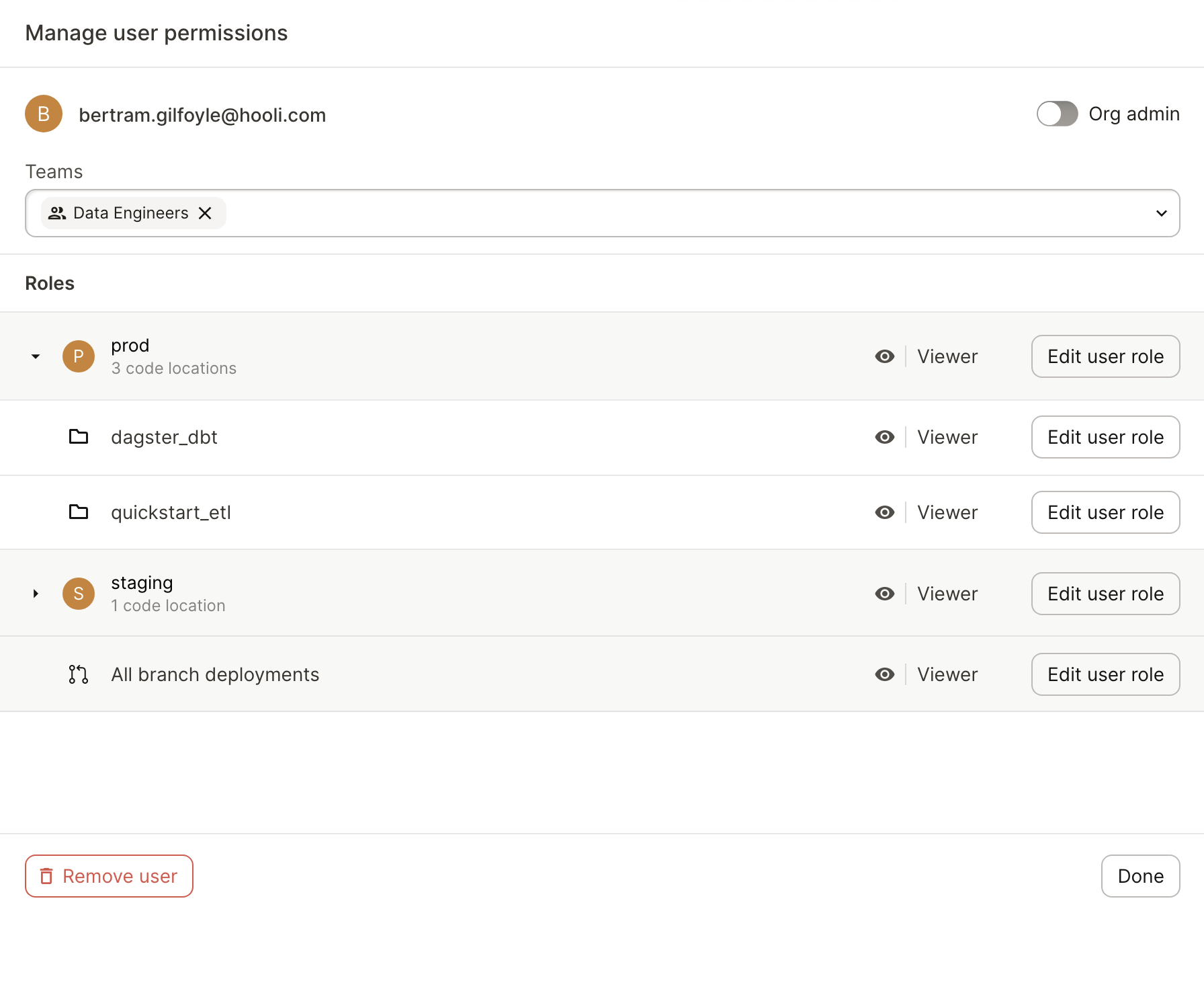 Managing user teams and roles for a user in Dagster Cloud