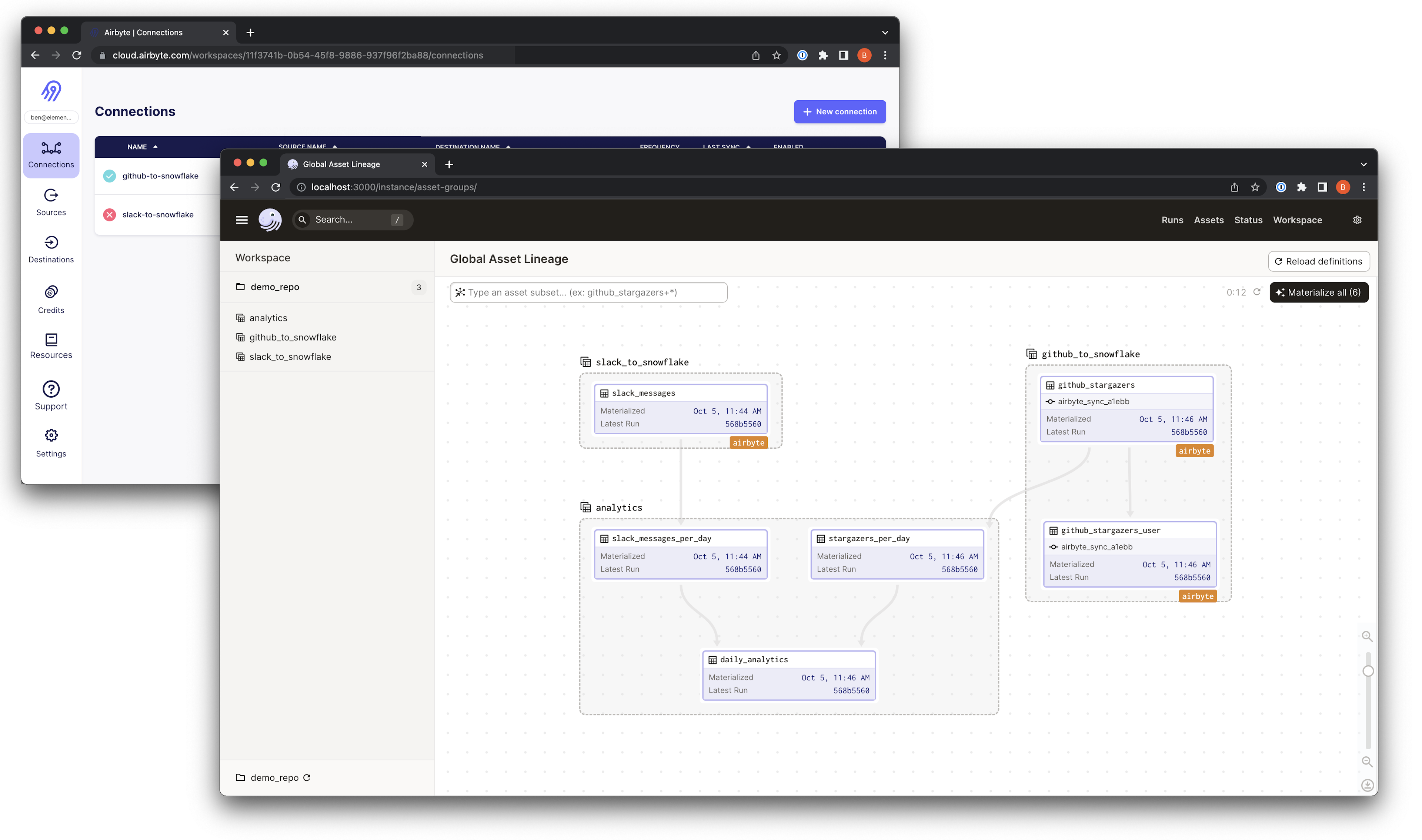 Screenshot of the Airbyte UI and Dagster UI in a browser.