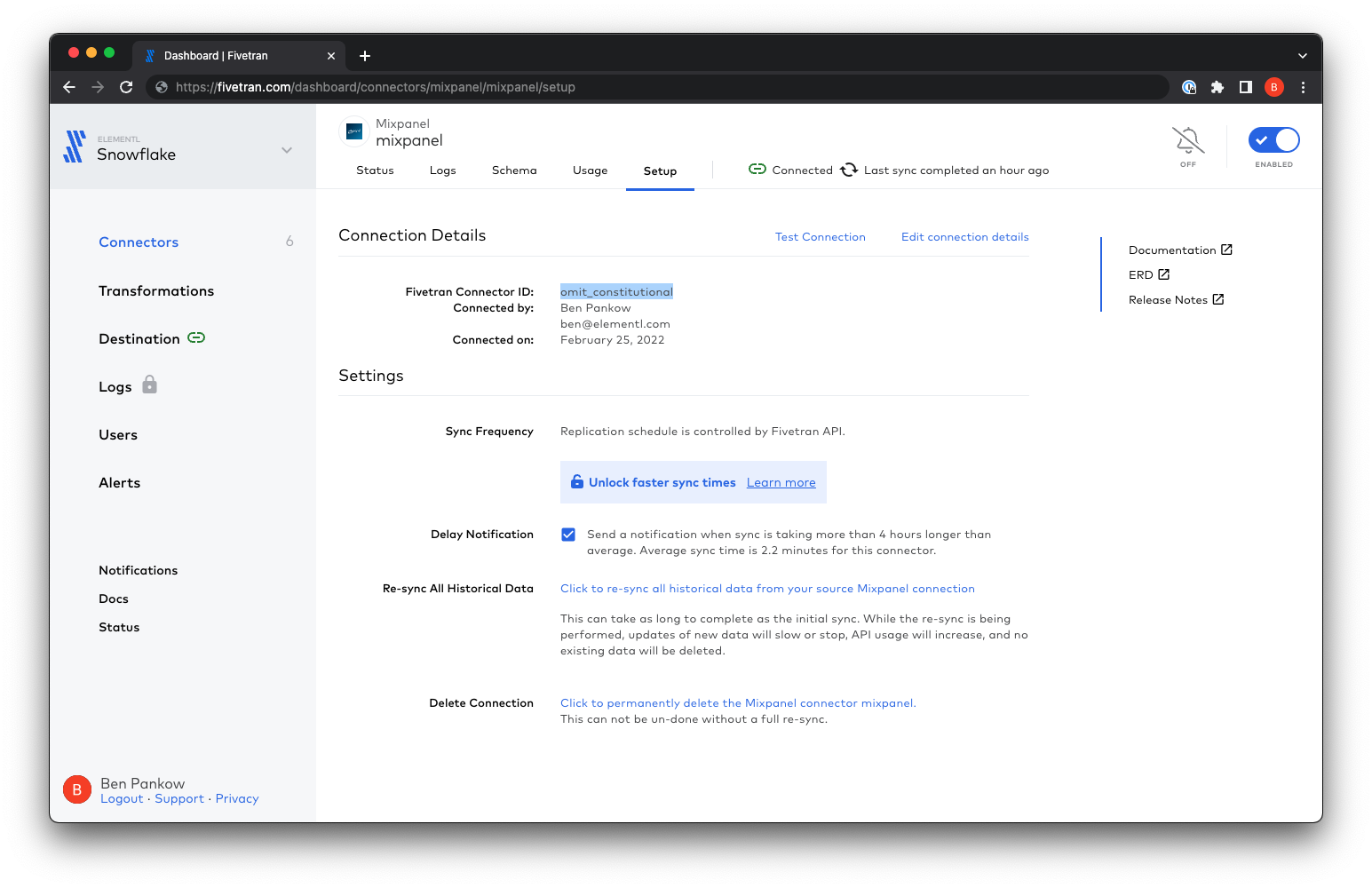 Screenshot of the Fivetran UI in a browser, showing the connector ID in the settings page.